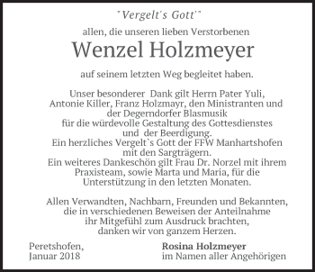 Traueranzeige von Wenzel Holzmeyer von merkurtz