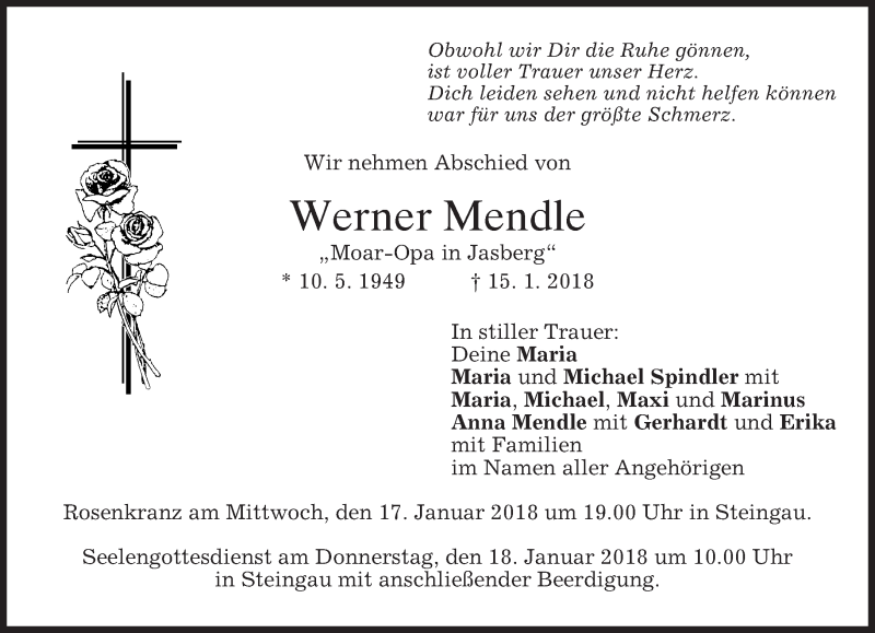  Traueranzeige für Werner Mendle vom 16.01.2018 aus merkurtz