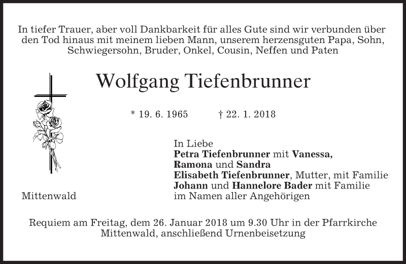 Traueranzeige für Wolfgang Tiefenbrunner vom 23.01.2018 aus merkurtz