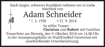 Traueranzeige von Adam Schneider von merkurtz