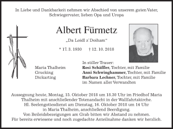 Traueranzeige von Albert Fürmetz von merkurtz