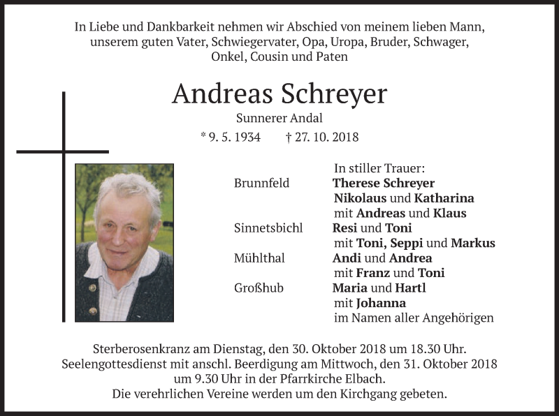  Traueranzeige für Andreas Schreyer vom 29.10.2018 aus merkurtz
