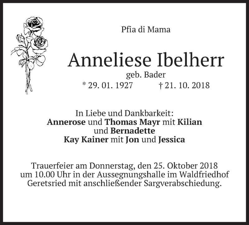  Traueranzeige für Anneliese Ibelherr vom 23.10.2018 aus merkurtz