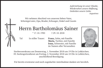 Traueranzeige von Bartholomäus Sainer von merkurtz