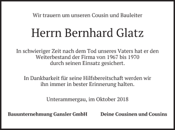 Traueranzeige von Bernhard Glatz von merkurtz
