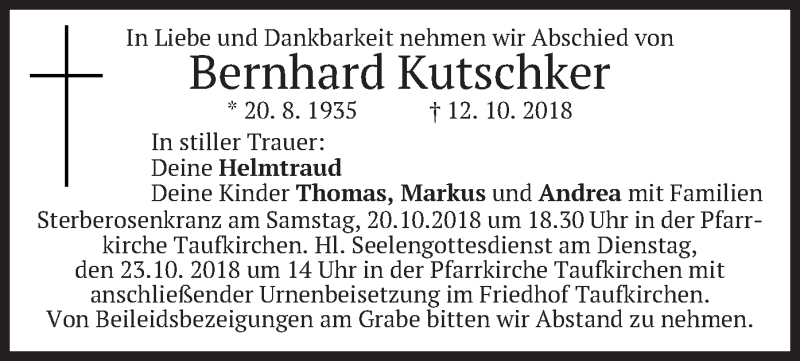  Traueranzeige für Bernhard Kutschker vom 18.10.2018 aus merkurtz