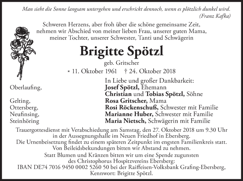  Traueranzeige für Brigitte Spötzl vom 26.10.2018 aus merkurtz