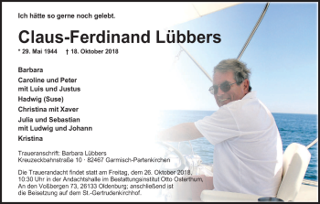 Traueranzeige von Claus-Ferdinand Lübbers von merkurtz