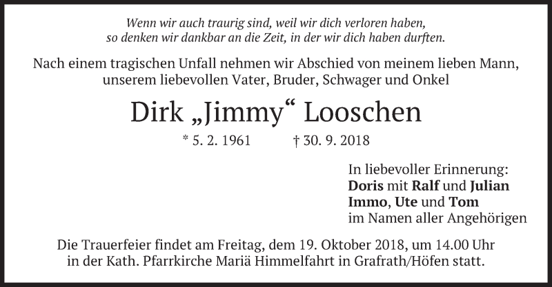  Traueranzeige für Dirk Looschen vom 15.10.2018 aus merkurtz