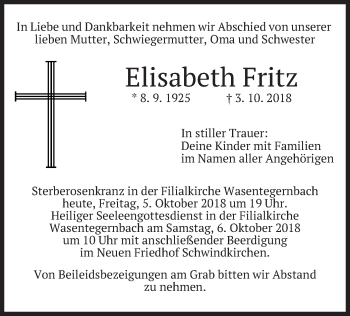 Traueranzeige von Elisabeth Fritz von merkurtz