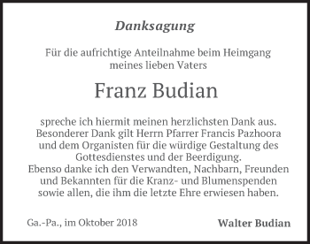 Traueranzeige von Franz Budian von merkurtz