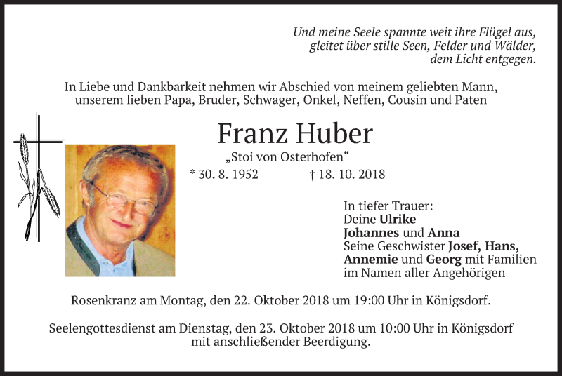  Traueranzeige für Franz Huber vom 20.10.2018 aus merkurtz
