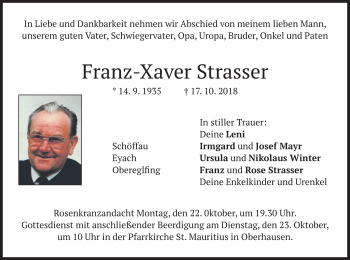 Traueranzeige von Franz-Xaver Strasser von merkurtz