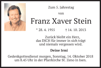 Traueranzeige von Franz Xaver Stein von merkurtz