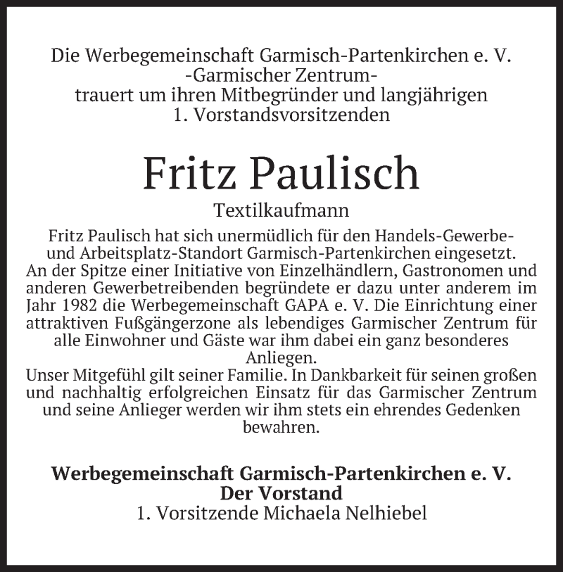  Traueranzeige für Fritz Paulisch vom 24.10.2018 aus merkurtz