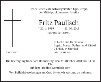 Traueranzeige von Fritz Paulisch von merkurtz