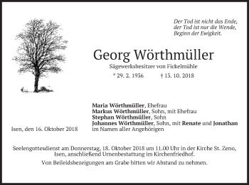 Traueranzeige von Georg Wörthmüller von merkurtz