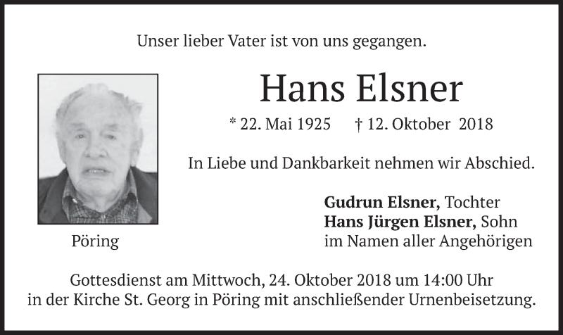  Traueranzeige für Hans Elsner vom 20.10.2018 aus merkurtz