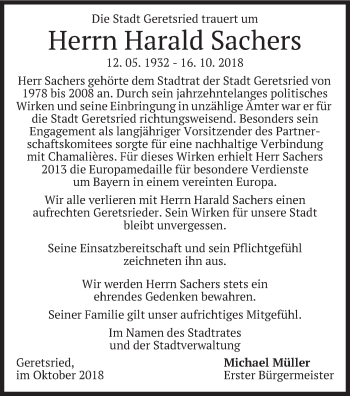 Traueranzeige von Harald Sachers von merkurtz