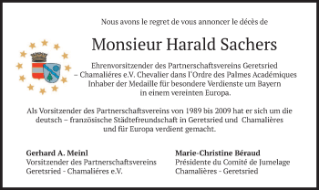 Traueranzeige von Harald Sachers von merkurtz