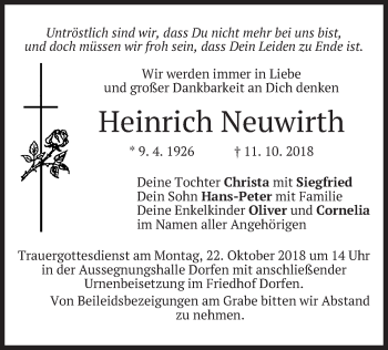 Traueranzeige von Heinrich Neuwirth von merkurtz