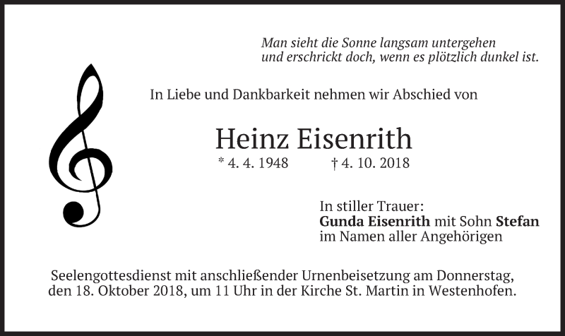  Traueranzeige für Heinz Eisenrith vom 15.10.2018 aus merkurtz