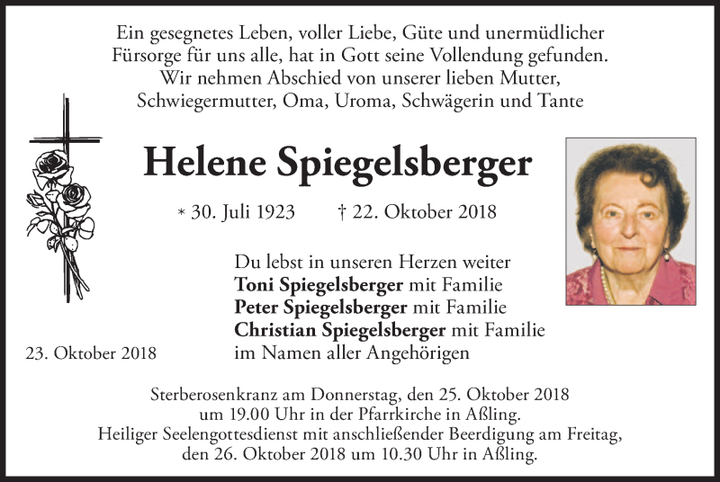  Traueranzeige für Helene Spiegelsberger vom 23.10.2018 aus merkurtz