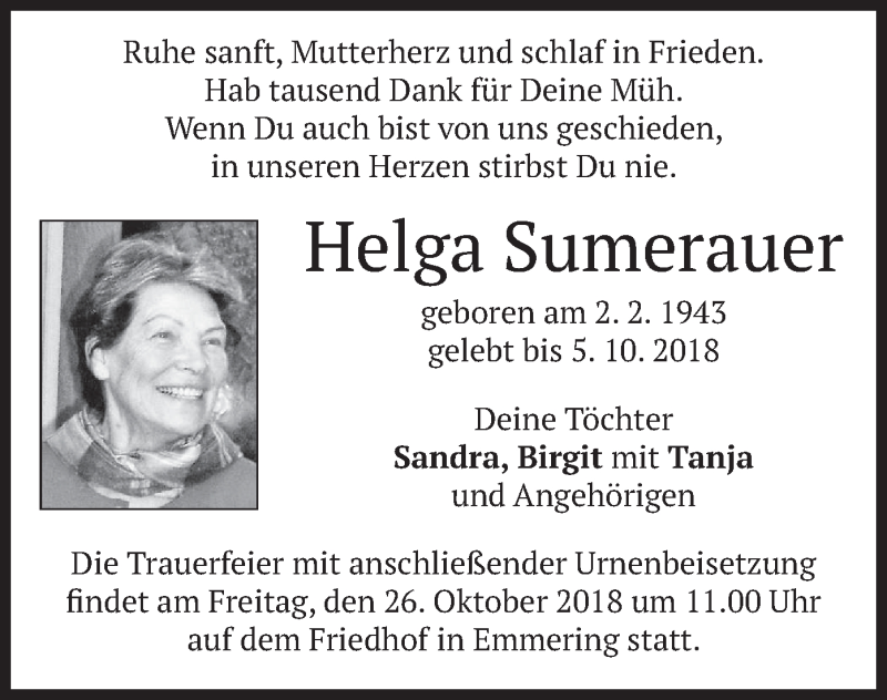  Traueranzeige für Helga Sumerauer vom 13.10.2018 aus merkurtz