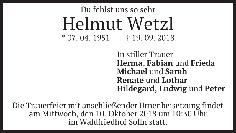  Traueranzeige für Helmut Wetzl vom 06.10.2018 aus merkurtz