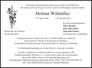 Traueranzeige von Helmut Wißmiller von merkurtz