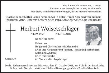 Traueranzeige von Herbert Woisetschläger von merkurtz