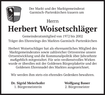 Traueranzeige von Herbert Woisetschläger von merkurtz