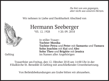 Traueranzeige von Hermann Seeberger von merkurtz