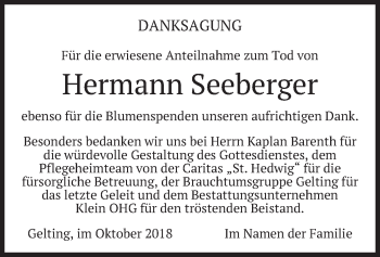 Traueranzeige von Hermann Seeberger von merkurtz