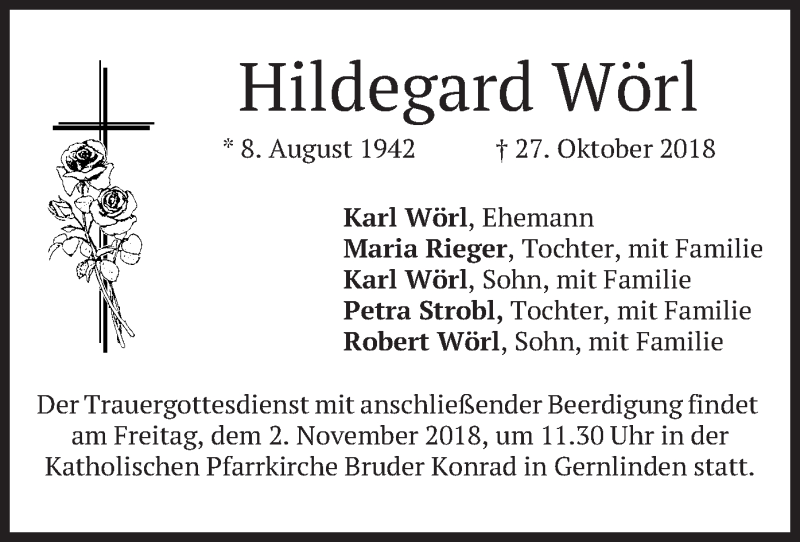  Traueranzeige für Hildegard Wörl vom 31.10.2018 aus merkurtz