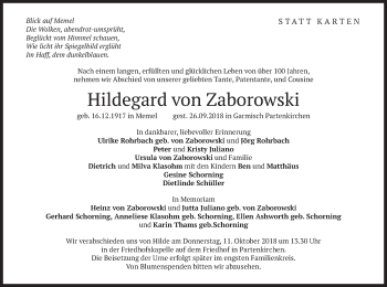 Traueranzeige von Hildegard von Zaborowski von merkurtz