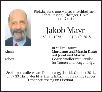 Traueranzeige von Jakob Mayr von merkurtz