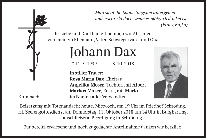  Traueranzeige für Johann Dax vom 10.10.2018 aus merkurtz
