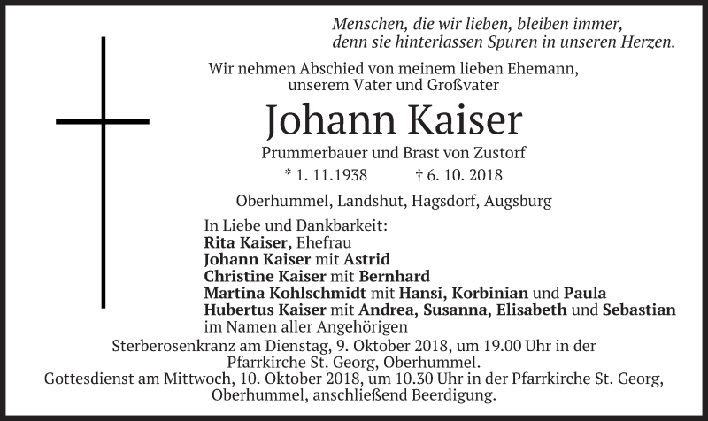  Traueranzeige für Johann Kaiser vom 08.10.2018 aus merkurtz