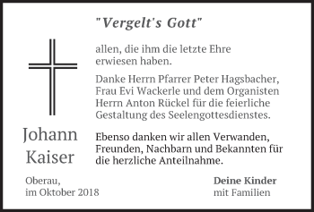 Traueranzeige von Johann Kaiser von merkurtz
