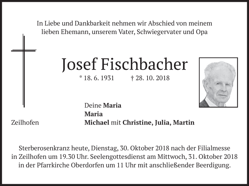  Traueranzeige für Josef Fischbacher vom 30.10.2018 aus merkurtz