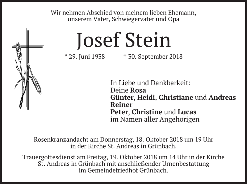  Traueranzeige für Josef Stein vom 16.10.2018 aus merkurtz