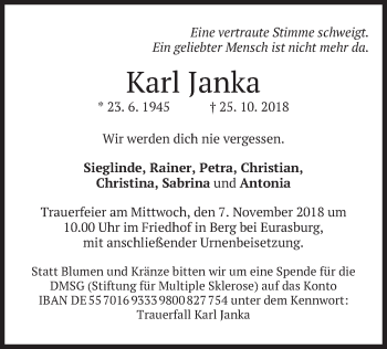 Traueranzeige von Karl Janka von merkurtz