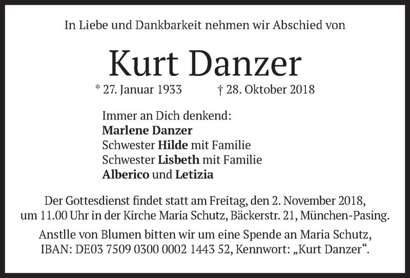  Traueranzeige für Kurt Danzer vom 31.10.2018 aus merkurtz