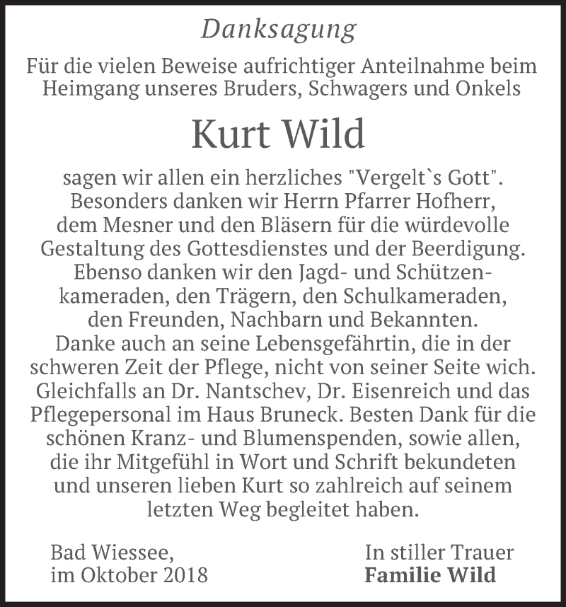  Traueranzeige für Kurt Wild vom 06.10.2018 aus merkurtz
