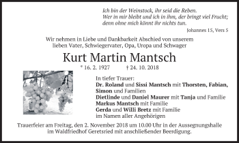 Traueranzeige von Kurt Martin Mantsch von merkurtz
