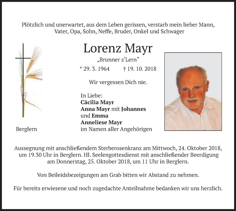  Traueranzeige für Lorenz Mayr vom 23.10.2018 aus merkurtz