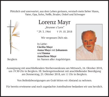 Traueranzeige von Lorenz Mayr von merkurtz