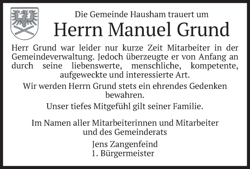  Traueranzeige für Manuel Grund vom 27.10.2018 aus merkurtz