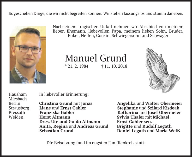  Traueranzeige für Manuel Grund vom 27.10.2018 aus merkurtz